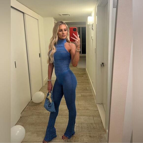 Retrofete Kalena Knit Crochet Tropical Blue Flared Jumpsuit Size Small - Picture 6 of 12